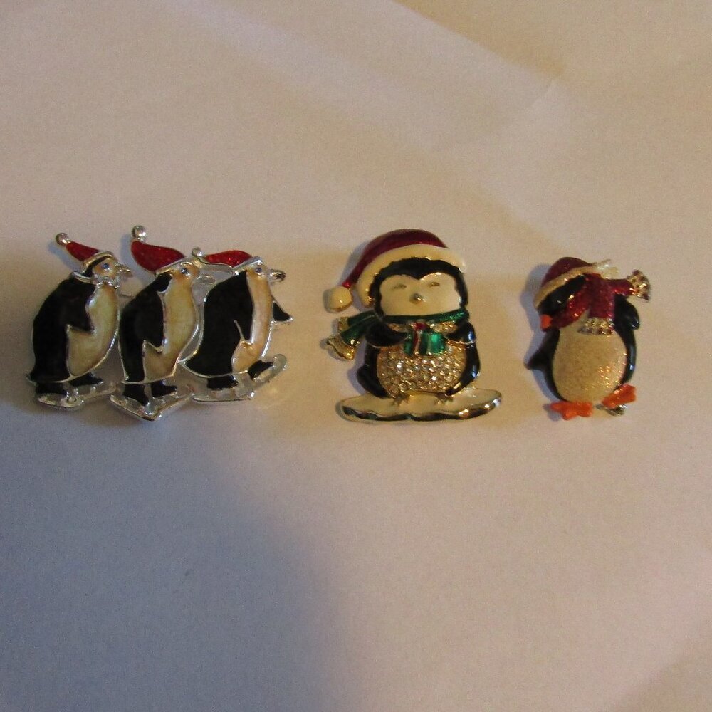 Lot 3 CHRISTMAS PENGUIN PINS Brooches Enamel Rhinestones So Cute! One signed SFJ